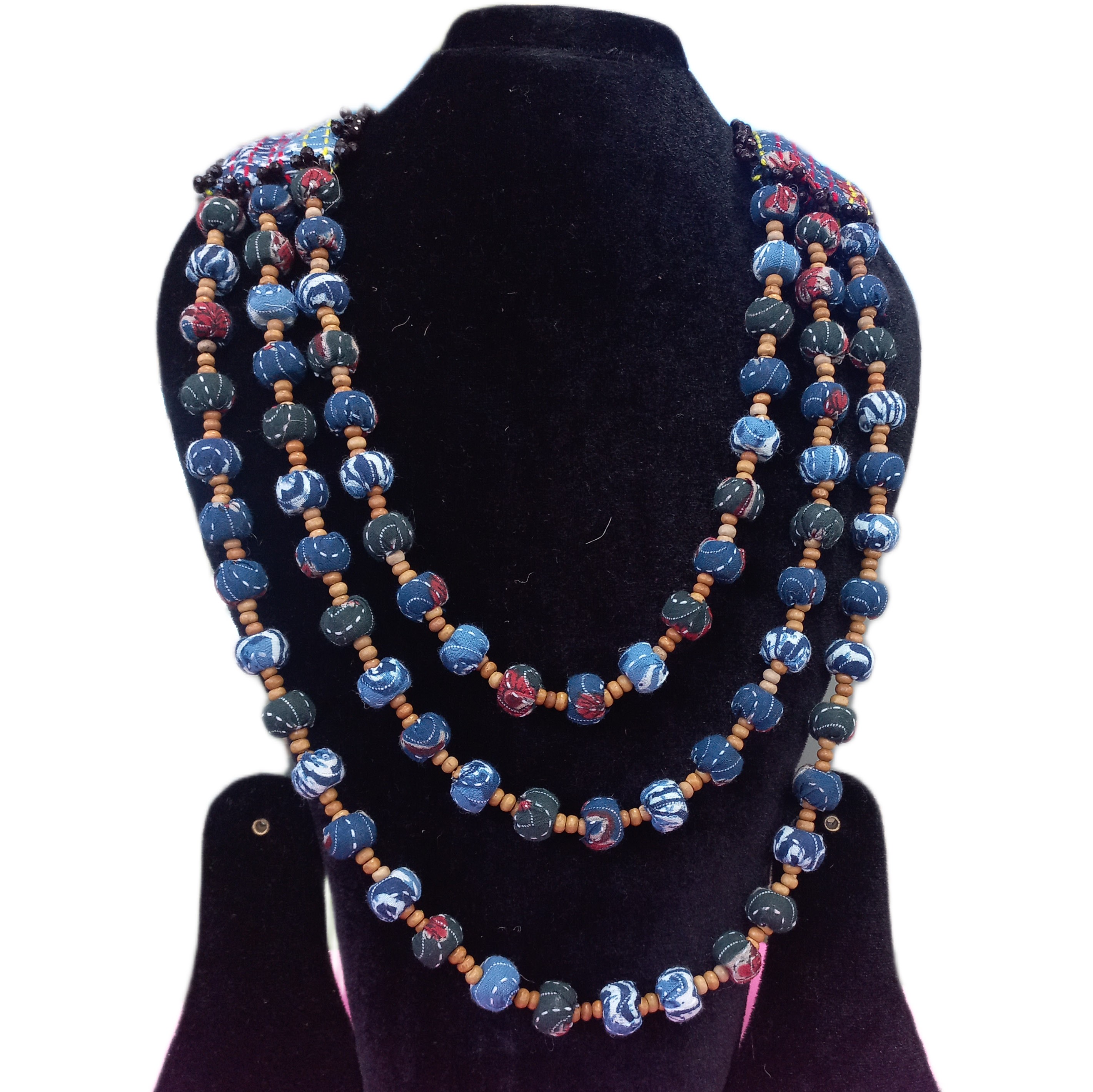 Triple-Layered Handmade Fabric & Wood Bead Necklace