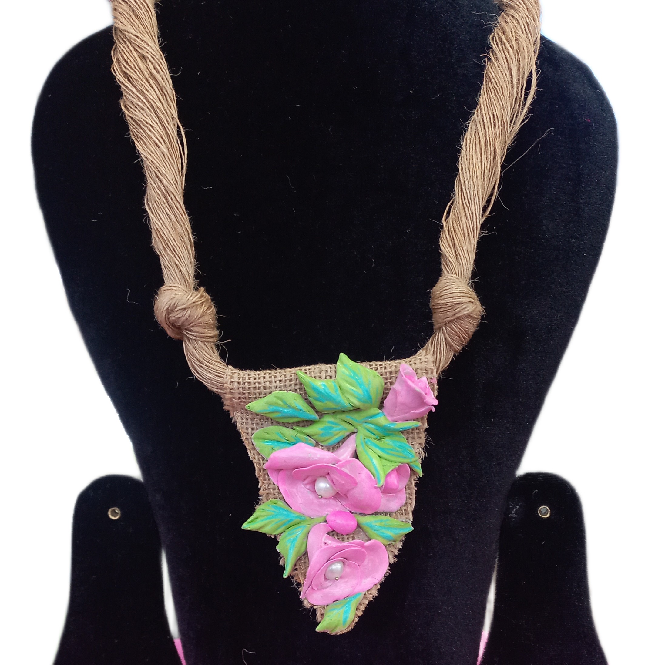 Handcrafted Jute Floral Pendant Necklace with Clay Flowers