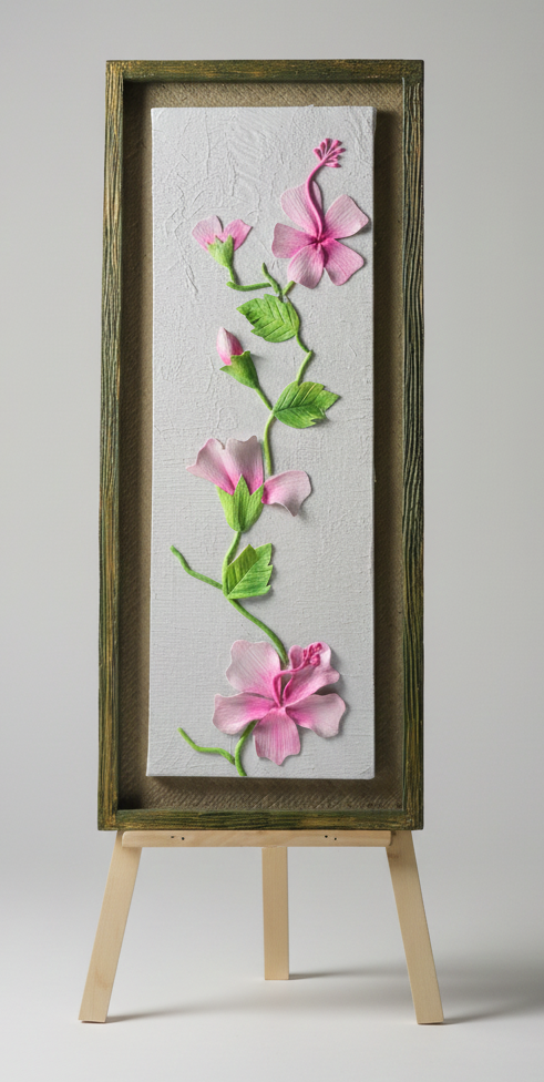 Handmade 3D Pink Hibiscus Flower Textured Canvas Painting with Wooden Frame – Vertical Wall Art Décor