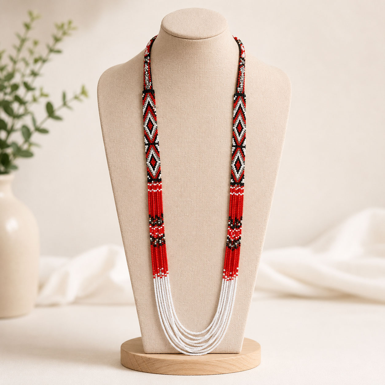 Handcrafted Red, Black & White Geometric Beaded Necklace