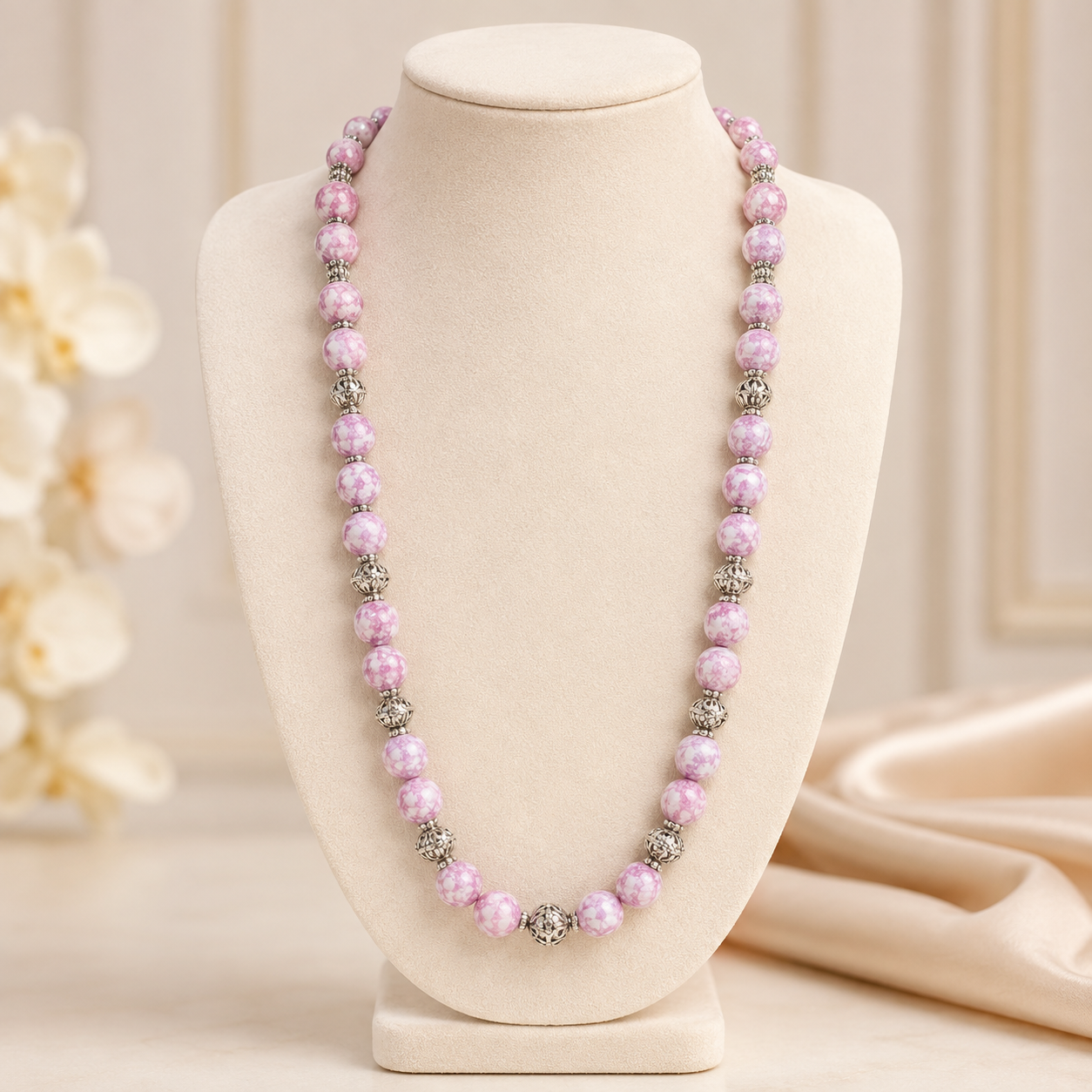 Handcrafted Blush Pink Marbled Bead Necklace