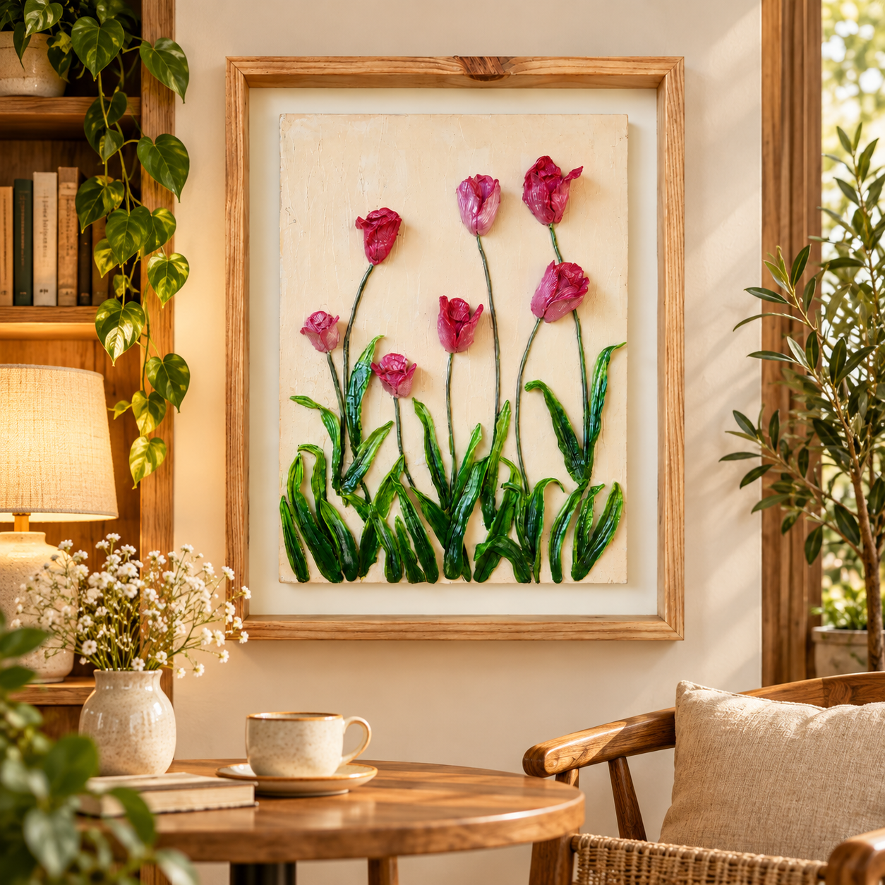 Handcrafted 3D Tulip Garden Textured Wall Art with Wooden Frame