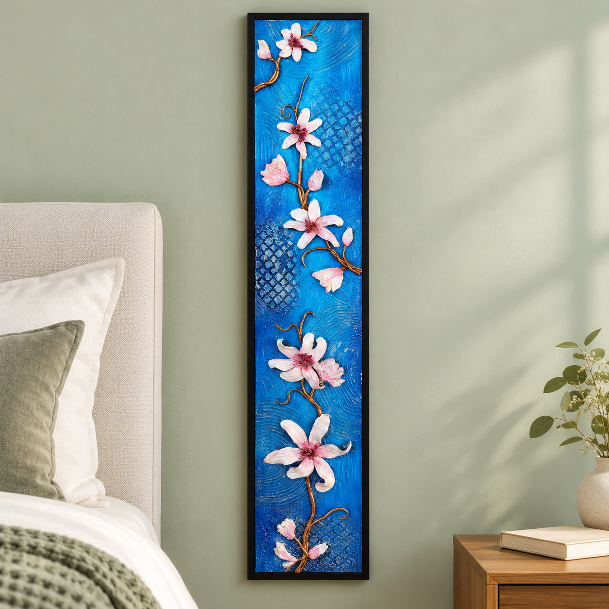 Azure Blossom Vine – Tall 3D Floral Relief Wall Art (Medium Size)